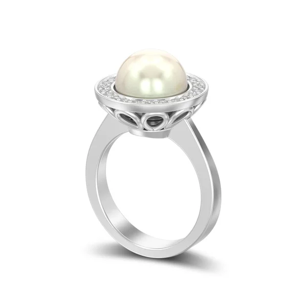 Illustrazione Isolato Argento Anello Fidanzamento Diamante Con Perla Con Ombra — Foto Stock