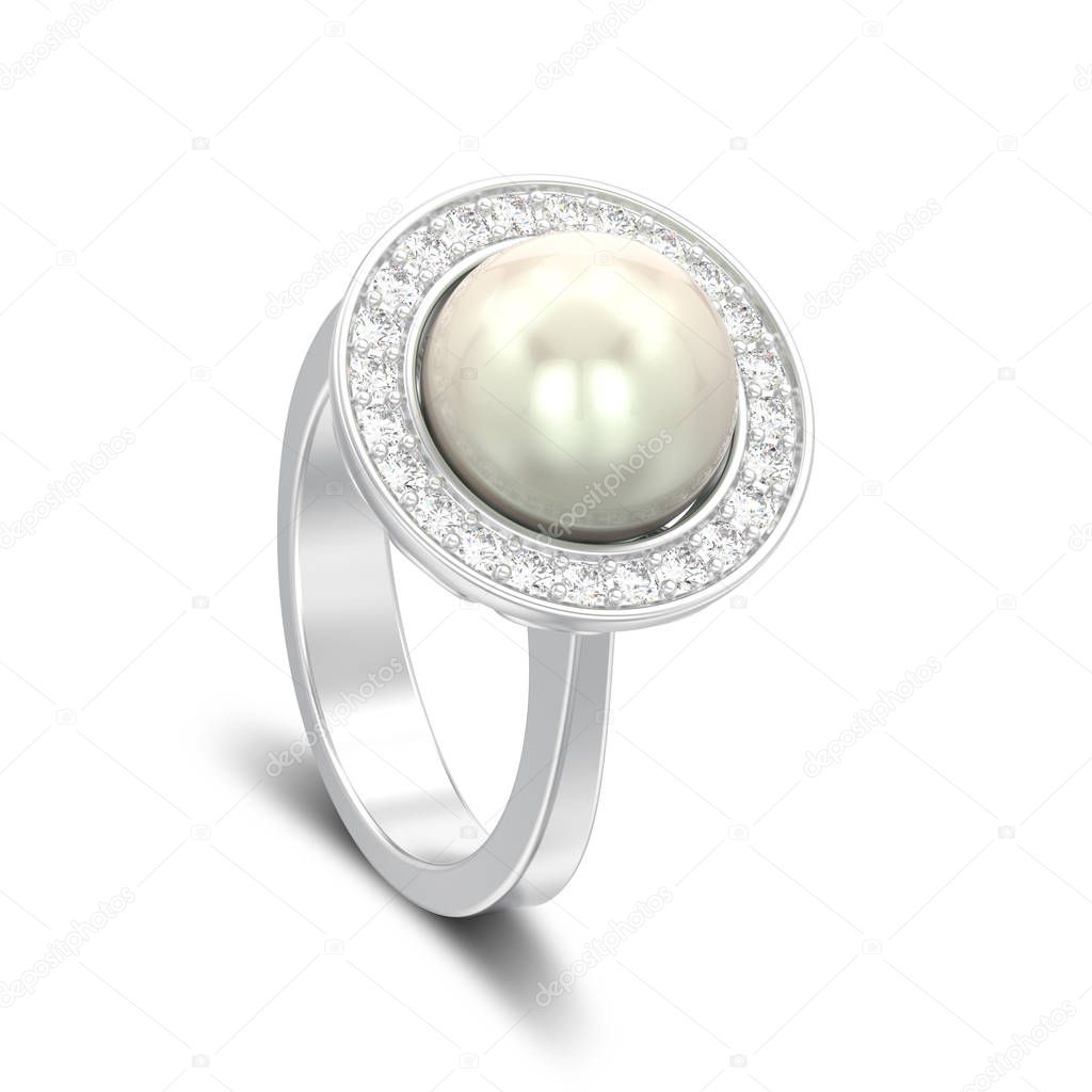 3D illustration isolated silver diamond engagement wedding ring with pearl with shadow on a white background