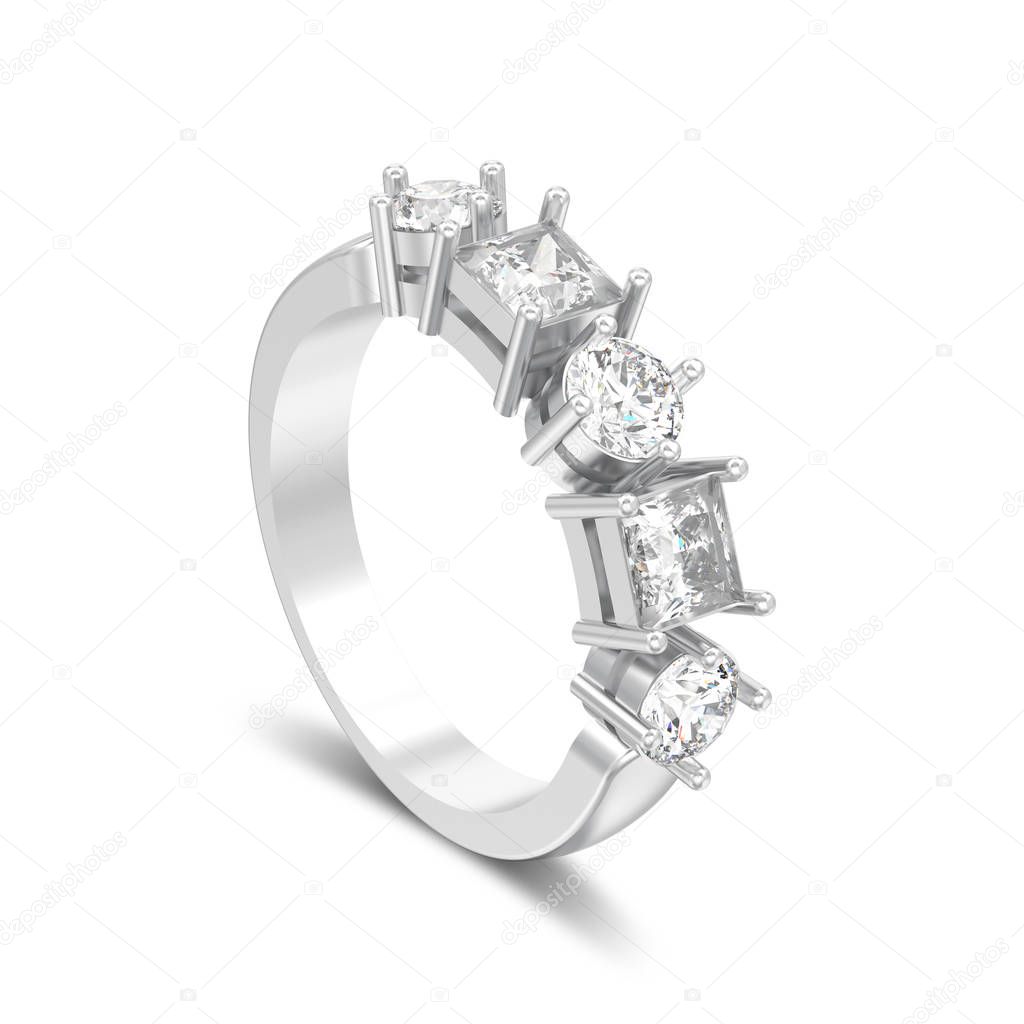 3D illustration isolated silver decorative ring with different round and square diamond with shadow on a white background