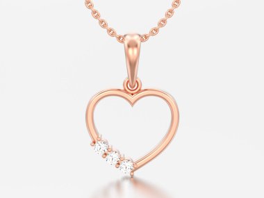 3D resim zinciri üzerinde gri bir arka plan üzerinde altın pırlanta kalp kolye gül