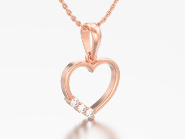 3D resim zinciri üzerinde gri bir arka plan üzerinde altın pırlanta kalp kolye gül