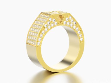 3D resimde sarı altın mühür yüzüğü gri bir arka plan üzerinde elmas