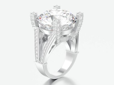 3D resimde beyaz altın veya gümüş solitaire dekoratif elmas alyans gri bir arka plan üzerinde