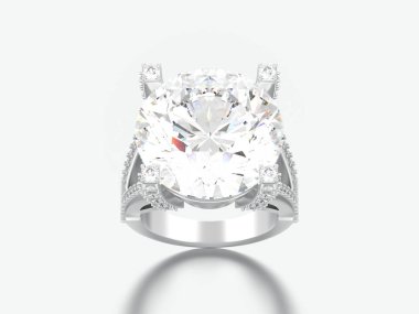 3D resimde beyaz altın veya gümüş solitaire dekoratif elmas alyans gri bir arka plan üzerinde