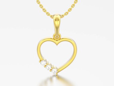 3D resimde sarı altın pırlanta kalp Kolye Zinciri üzerinde gri bir arka plan üzerinde