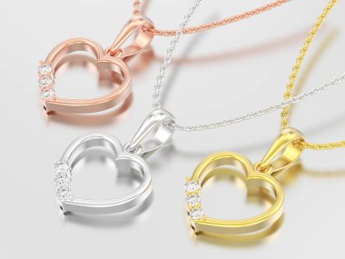 3D resimde üç sarı ve rosr altın ve gümüş kalp Kolye zincir gri bir arka plan üzerinde elmas