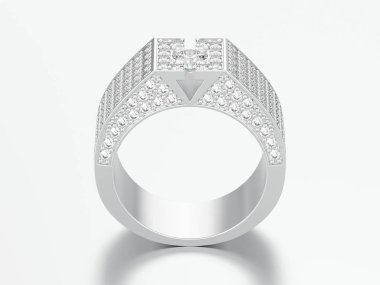 3D resimde beyaz altın veya gümüş elmas mühür yüzüğü gri bir arka plan üzerinde