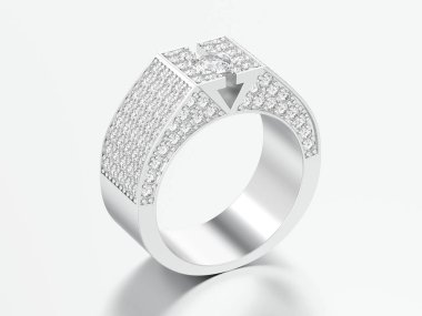 3D resimde beyaz altın veya gümüş elmas mühür yüzüğü gri bir arka plan üzerinde