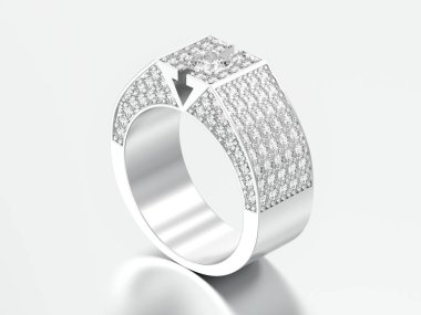 3D resimde beyaz altın veya gümüş elmas mühür yüzüğü gri bir arka plan üzerinde