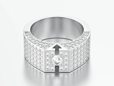 3D resimde beyaz altın veya gümüş elmas mühür yüzüğü gri bir arka plan üzerinde