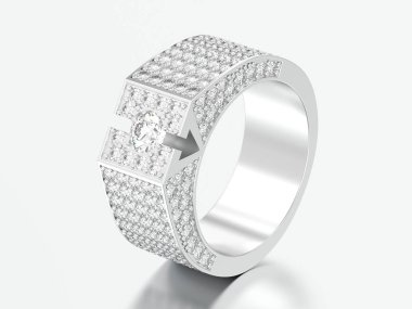 3D resimde beyaz altın veya gümüş elmas mühür yüzüğü gri bir arka plan üzerinde