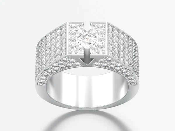 3D illustration white gold or silver diamond signet ring on a grey background