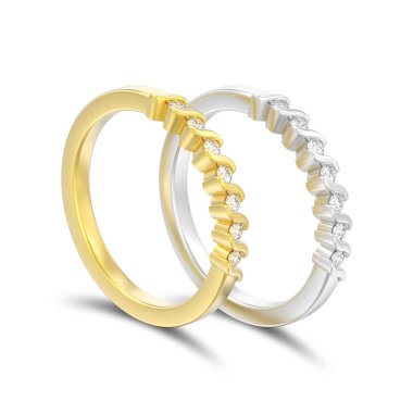 İki sarı ve beyaz altın 3D illüstrasyon izole veya gölge beyaz bir arka plan üzerinde gümüş nişan yıldönümü grup pırlanta yüzük