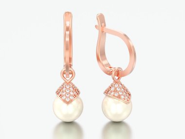 beyaz bir arka plan üzerinde menteşeli kilit ile 3D çizim gül altın inci elmas küpe