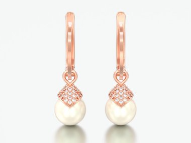 beyaz bir arka plan üzerinde menteşeli kilit ile 3D çizim gül altın inci elmas küpe