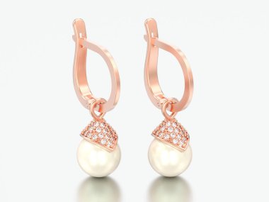 beyaz bir arka plan üzerinde menteşeli kilit ile 3D çizim gül altın inci elmas küpe