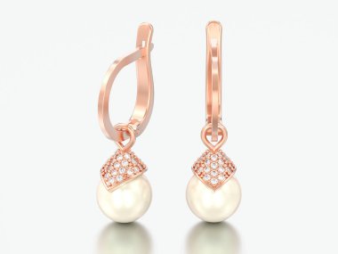 beyaz bir arka plan üzerinde menteşeli kilit ile 3D çizim gül altın inci elmas küpe