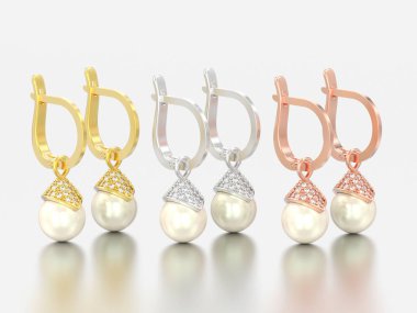 3D resimde üç çift sarı gül ve beyaz bir arka plan üzerinde menteşeli kilit ile beyaz altın veya gümüş inci elmas küpe