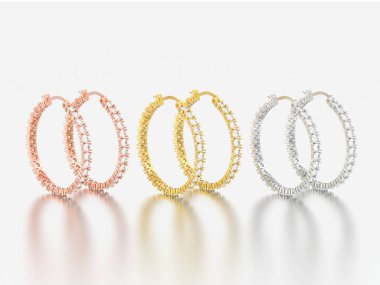 3D resimde üç çift beyaz bir arka plan üzerinde menteşeli kilit ile gül sarı ve sarı altın dekoratif elmas küpe