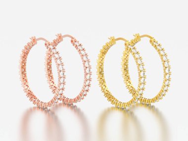 3D resimde iki çift beyaz bir arka plan üzerinde menteşeli kilit ile gül ve sarı altın dekoratif elmas küpe