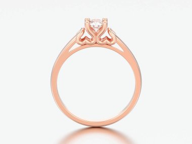 3D çizim altın tek taş düğün elmas yüzük ile kalp dişleri gri bir arka plan üzerinde yükseldi.