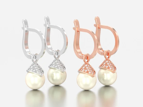 Ilustración Dos Pares Rosa Oro Blanco Plata Pendientes Diamantes Perla —  Fotos de Stock