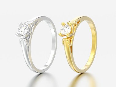 3D resimde iki sarı ve gri arka plan üzerinde kalp dişleri ile beyaz altın veya gümüş solitaire düğün pırlanta yüzük