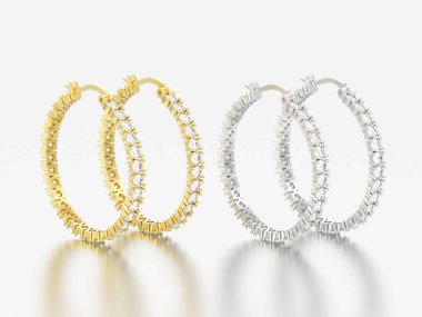 3D resimde iki sarı ve beyaz altın veya gümüş dekoratif elmas küpe ile beyaz bir arka plan üzerinde kilit dıştan takma