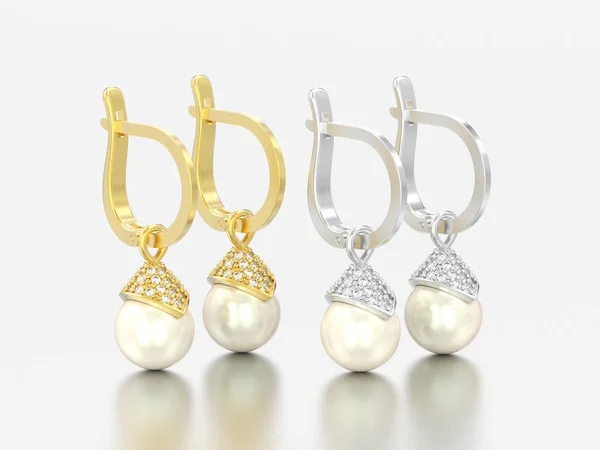 Ilustración Dos Pares Pendientes Diamantes Perlas Oro Amarillo Blanco Plata —  Fotos de Stock