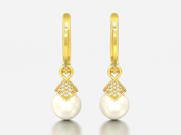 3D illustration yellow gold pearl diamond earrings with hinged lock on a white background