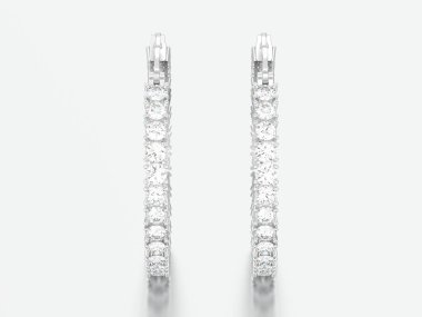 3D resimde beyaz altın veya gümüş dekoratif elmas küpe beyaz bir arka plan üzerinde menteşeli kilit ile