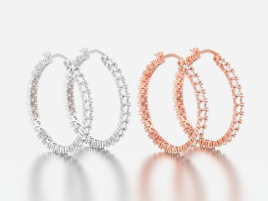 rose 3D resimde iki çifti ve beyaz bir arka plan üzerinde menteşeli kilit ile beyaz altın veya gümüş dekoratif pırlanta küpe