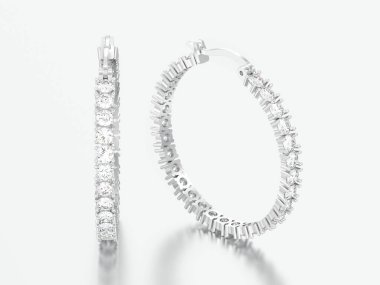 3D resimde beyaz altın veya gümüş dekoratif elmas küpe beyaz bir arka plan üzerinde menteşeli kilit ile