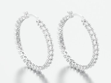 3D resimde beyaz altın veya gümüş dekoratif elmas küpe beyaz bir arka plan üzerinde menteşeli kilit ile