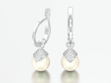 3D resimde beyaz altın veya gümüş inci elmas küpe ile beyaz bir arka plan üzerinde menteşeli kilit