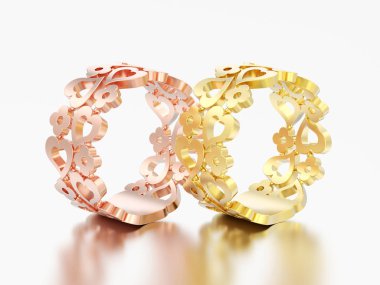 3D resimde iki gül ve sarı altın dekoratif eğrisi gri bir arka plan üzerine çiçek ve kalp yüzük