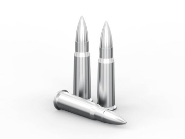 3D resimde üç gümüş kurşun kartuş gri bir arka plan üzerinde krom