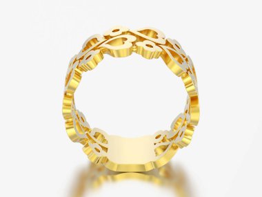 3D resimde sarı altın dekoratif eğrisi gri bir arka plan üzerinde çiçekler ve kalpleri halka dışarı