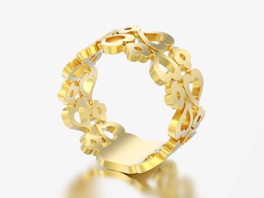 3D resimde sarı altın dekoratif eğrisi gri bir arka plan üzerinde çiçekler ve kalpleri halka dışarı