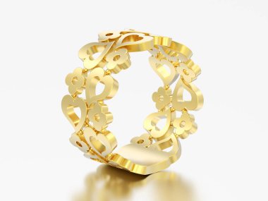 3D resimde sarı altın dekoratif eğrisi gri bir arka plan üzerinde çiçekler ve kalpleri halka dışarı