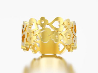 3D resimde sarı altın dekoratif eğrisi gri bir arka plan üzerinde çiçekler ve kalpleri halka dışarı