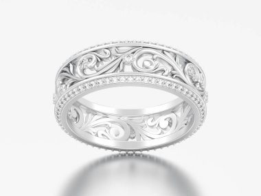 3D resimde beyaz altın veya Gümüş Alyans Alyans eğrisi gri bir arka plan üzerinde süsleme dışarı ile