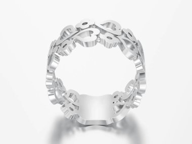 3D resimde beyaz altın veya gümüş dekoratif eğrisi gri bir arka plan üzerinde çiçekler ve kalpleri halka dışarı