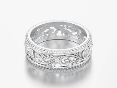 3D resimde beyaz altın veya Gümüş Alyans Alyans eğrisi gri bir arka plan üzerinde süsleme dışarı ile