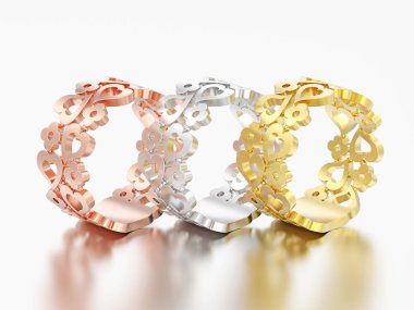 3D illüstrasyon üç sarı çiçekler ve kalpleri yüzük beyaz altın veya gümüş dekoratif eğrisi gri bir arka plan üzerinde yükseldi.