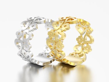 3D şekil iki sarı ve beyaz altın veya gümüş dekoratif eğrisi gri bir arka plan üzerine çiçek ve kalp yüzük