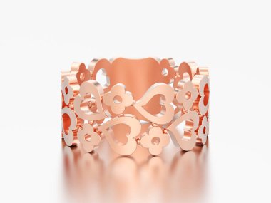 3D çizim çiçek ve kalpleri halka dışarı kırmızı altın dekoratif eğrisi gri bir arka plan üzerinde yükseldi.