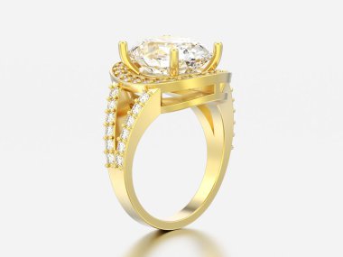 3D çizim altın solitaire nişan dekoratif elmas yüzük gri bir arka plan üzerinde