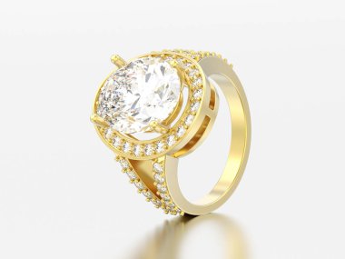 3D çizim altın solitaire nişan dekoratif elmas yüzük gri bir arka plan üzerinde