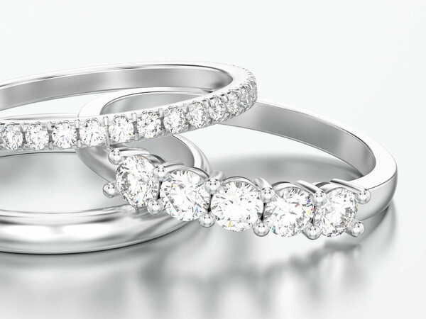 3D иллюстрация закрыть три различных белых золотых или серебряных бриллиантов кольца на сером фоне
